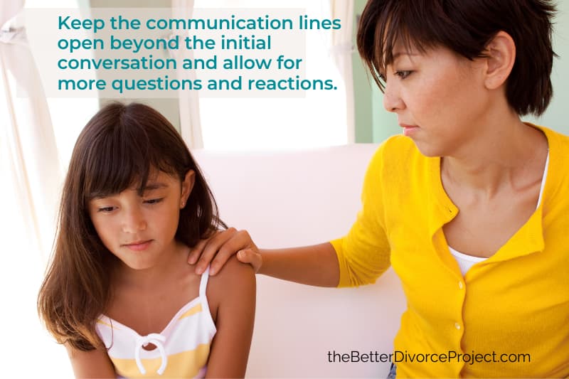 Talking to kids about divorce requires honest answers and a LOT of listening. Young mother talks to her young daughter about divorce with hand on her shoulder